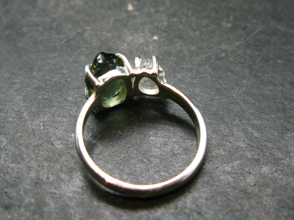 Moldavite Tektite and Herkimer Diamond Silver Ring - Size 7 - 2.69 Grams
