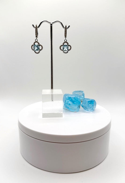 Swiss Blue Topaz Drop Earrings with Petal Motif in Sterling Silver - Weight 4.07 Grams