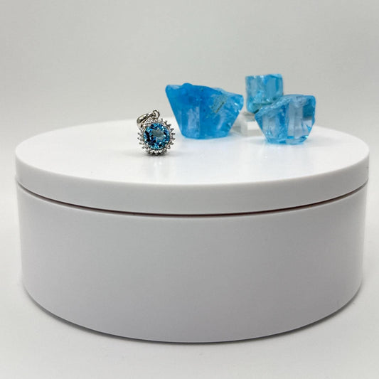 Elegant Round Blue Topaz Pendant with Halo Setting - Sterling Silver Necklace - 2.41 Grams