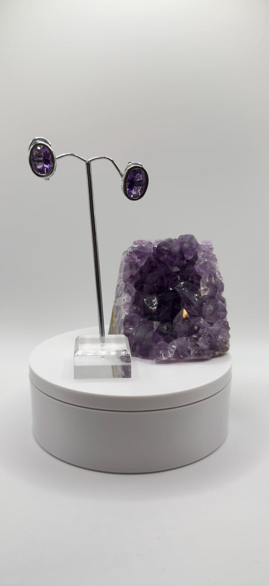 Classic Amethyst Stud Earrings – Sterling Silver – Oval Cut Gemstones - Weight 7.13