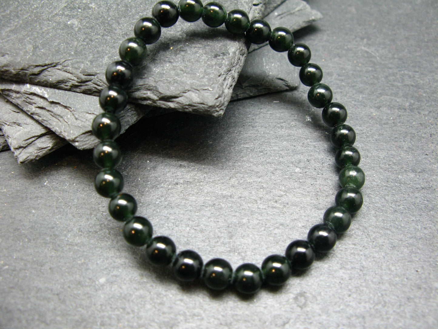 Black Jade Nephrite Genuine Bracelet ~ 7 Inches ~ 6mm Round Beads