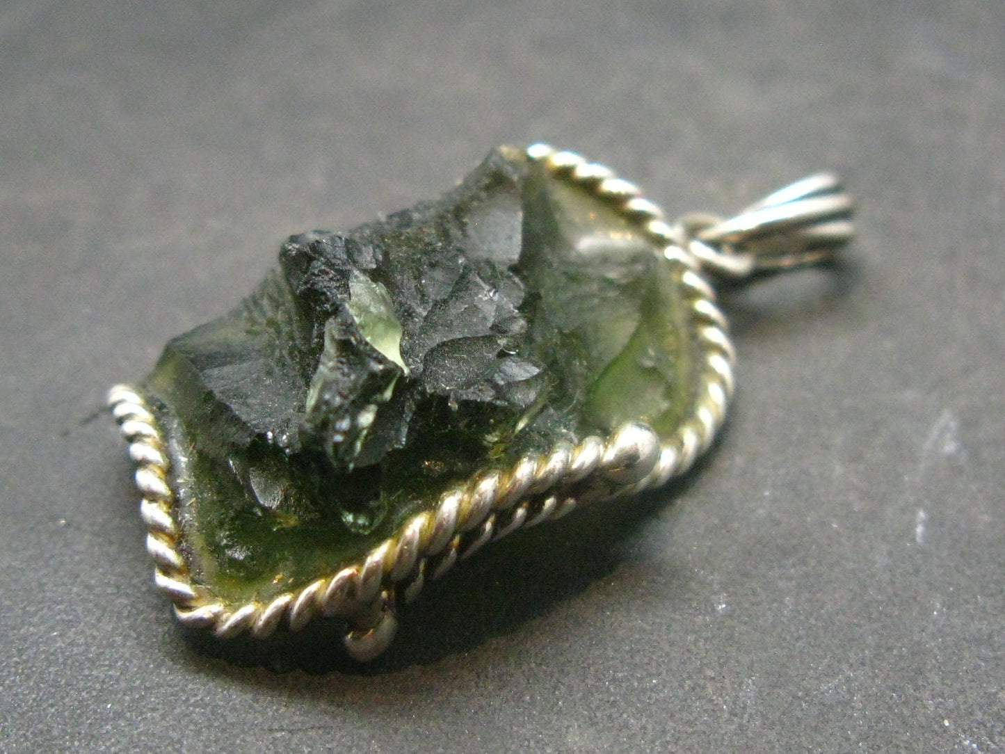 Moldavite Tektite Silver Pendant from Czech Republic - 1.4" - 6.37 Grams