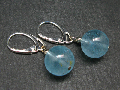 12mm Natural Sky Blue Topaz Round Beads Dangle 925 Silver Leverback Earrings from Brazil