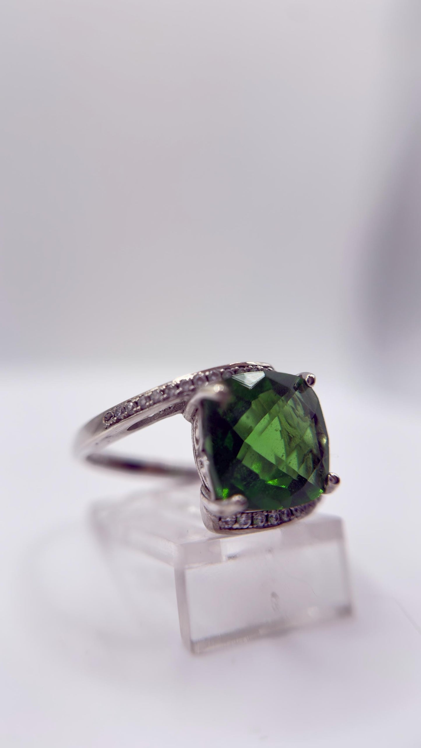 Green Helenite Cushion Cut Ring – Sterling Silver Halo Gemstone Statement Ring