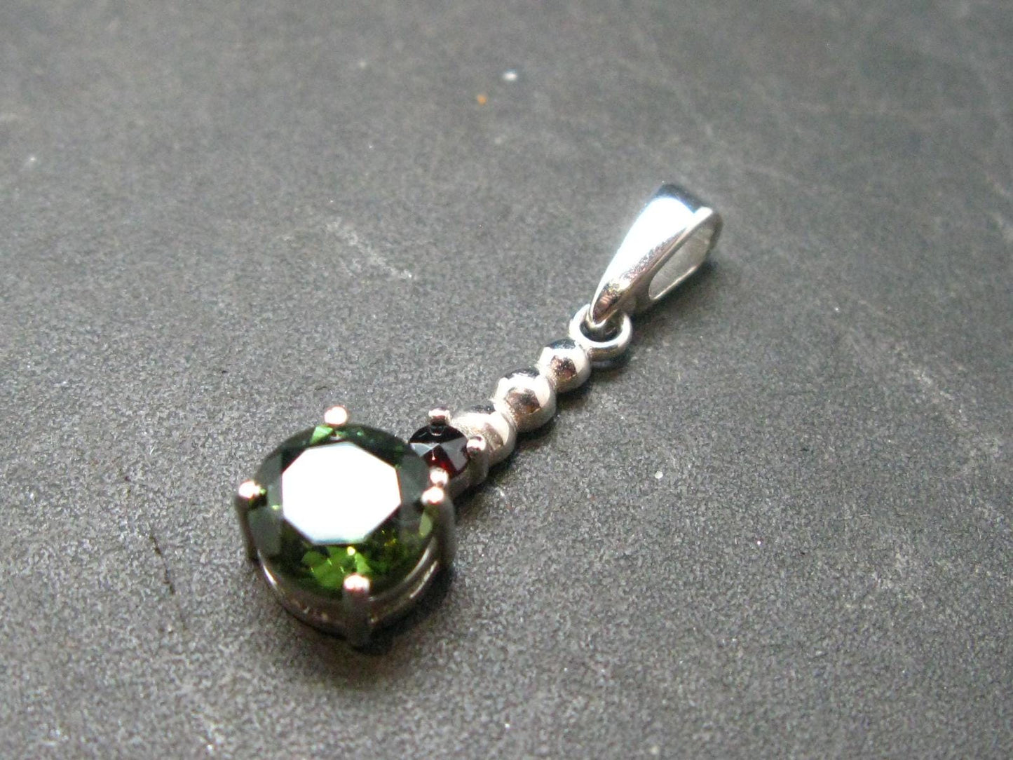 Moldavite Tektite & Red Garnet Silver Pendant from Czech Republic - 1.0"