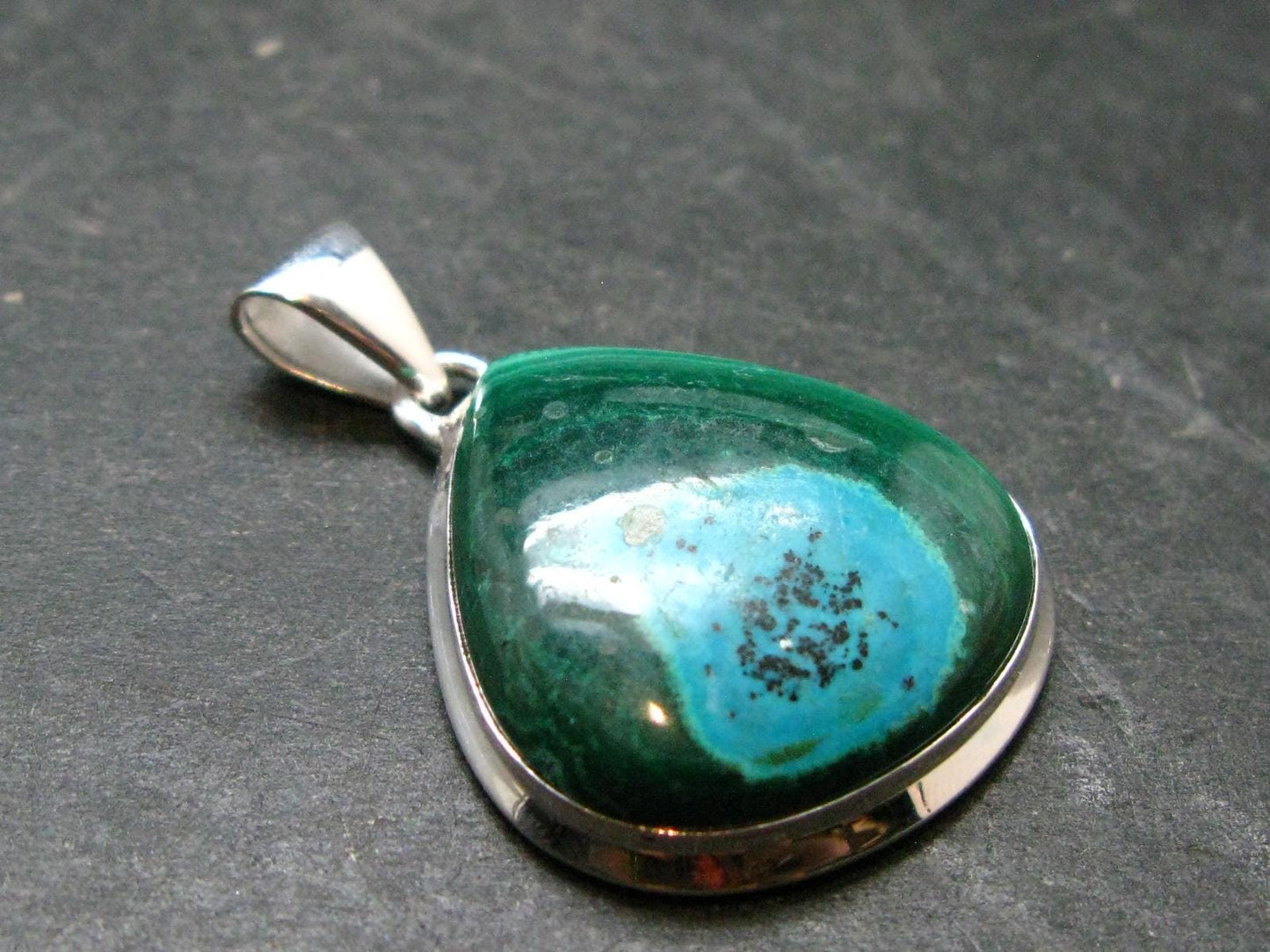 Malachite And Chrysocola Silver Plated Pendant from Congo - 1.4" - 8.0 Grams