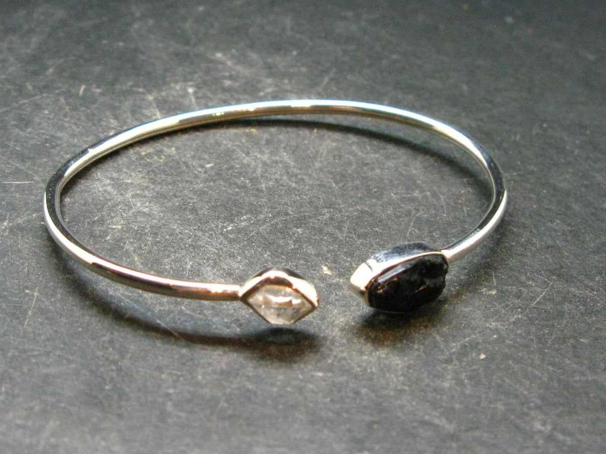 Black Tourmaline And Herkimer Diamond Silver Twister Bracelet - Size Adjustable - 5.0 Grams