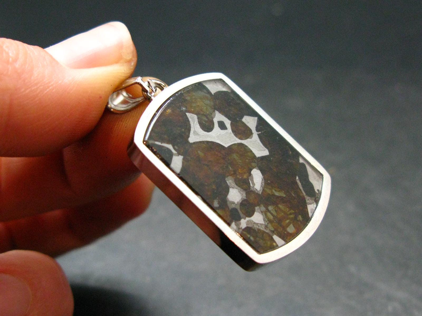 Rare Brahin Meteorite Slice With Olivine Pallasite Silver Pendant from Belarus - 1.4" - 5.91 Grams
