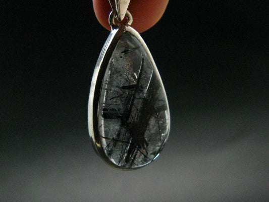 Large Tourmalinated Quartz Crystal Silver Pendant From Brazil - 1.5" - 6.79 Grams