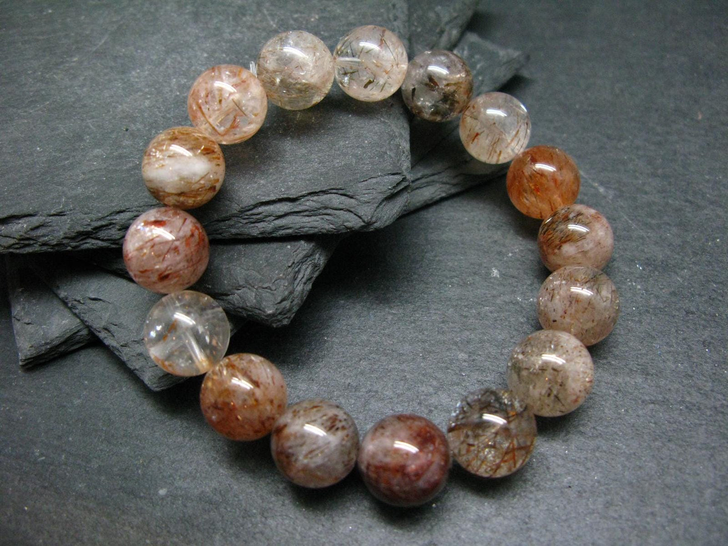 Red Rutilated Quartz Genuine Bracelet ~ 7 Inches ~ 12mm Round Beads