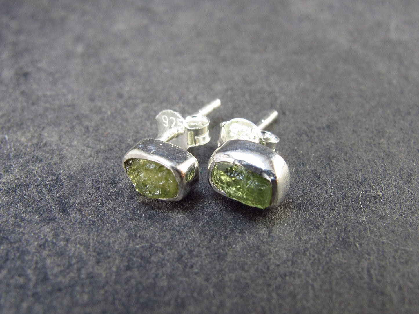 Natural Moldavite Tektite Raw Stud Earrings In Sterling Silver From Czech Republic