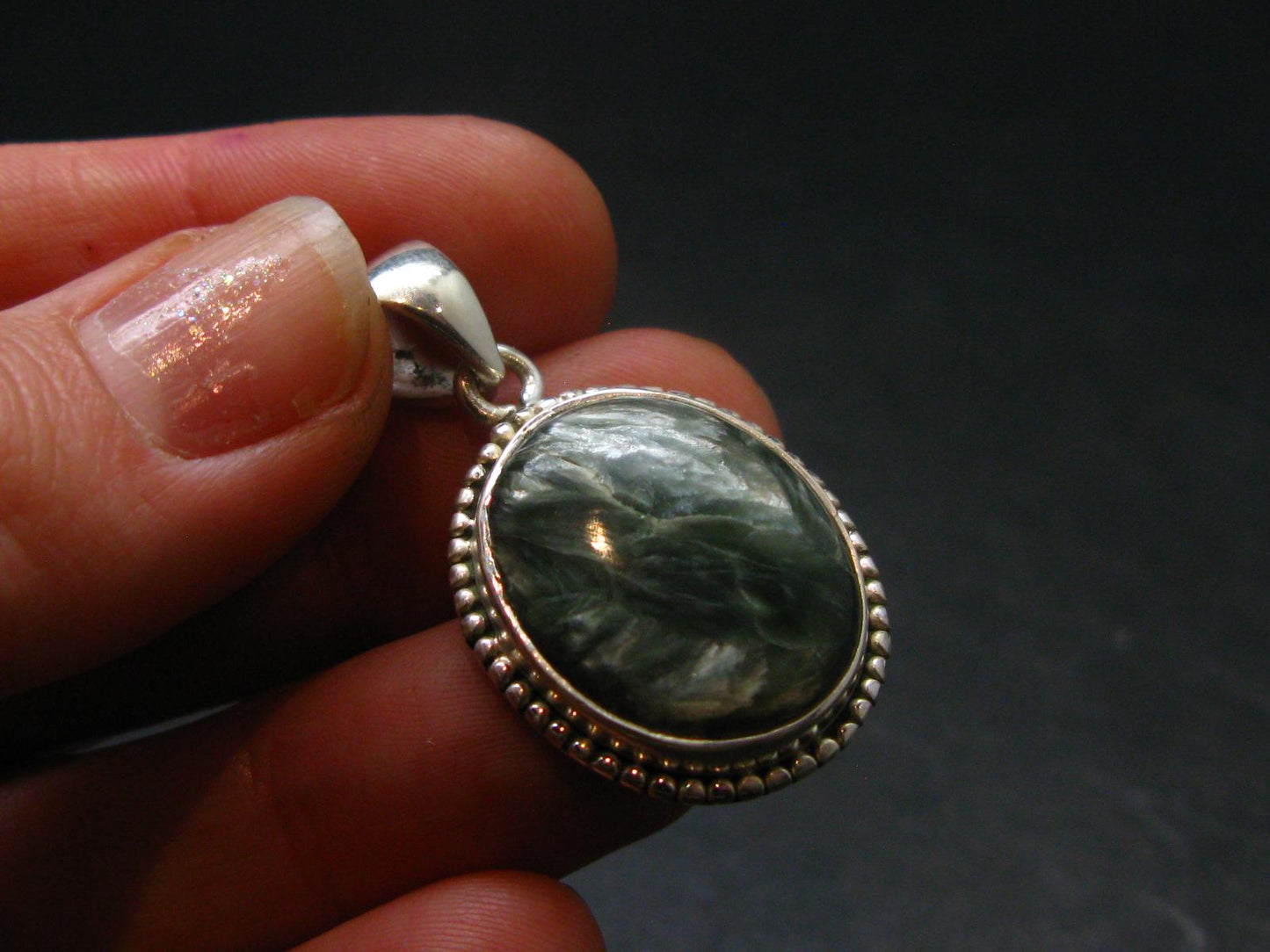 Natural Polished Seraphinite Clinochlore Angels Wings Silver Pendant from Russia - 1.3" - 5.93 Grams