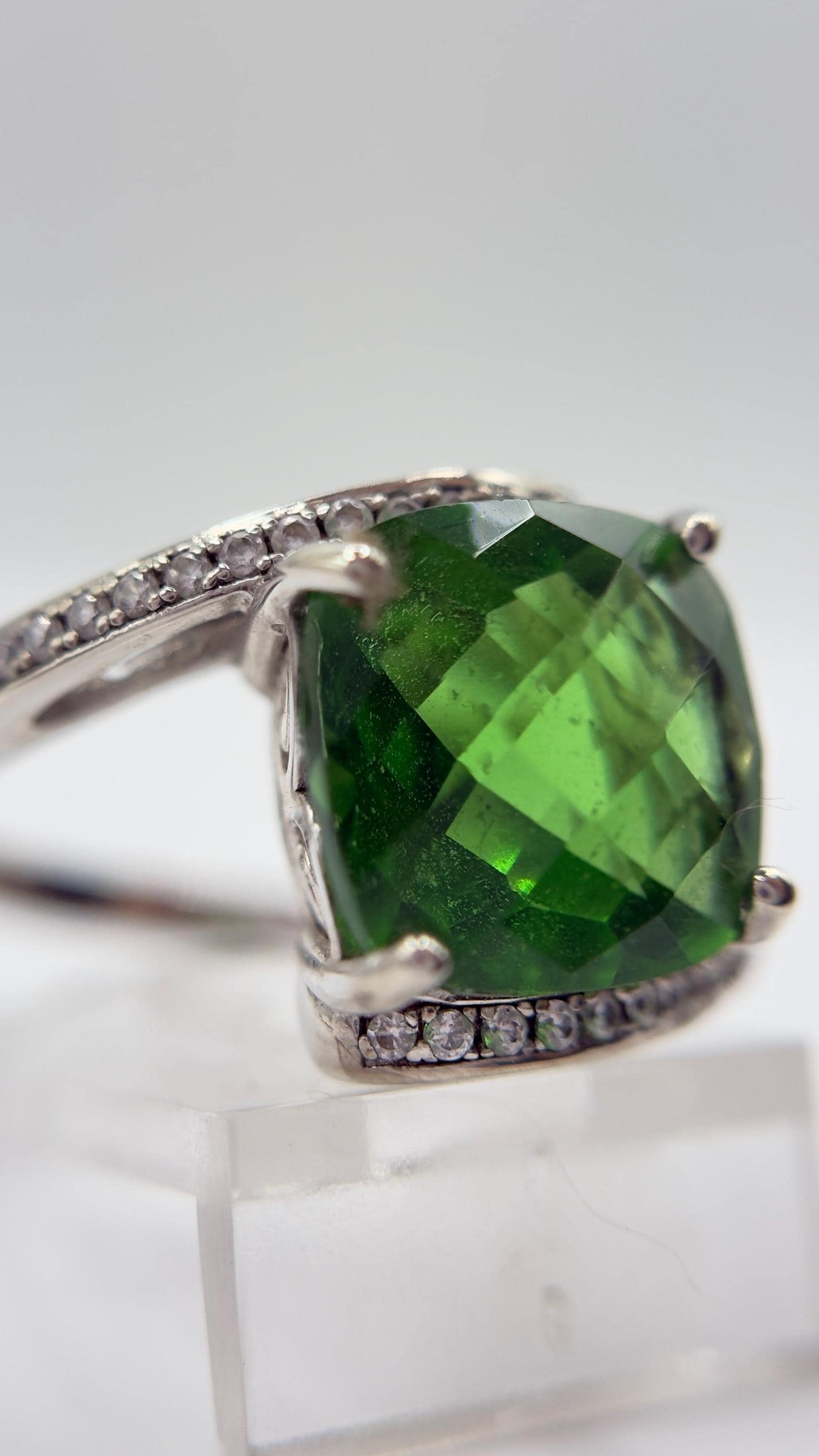 Green Helenite Cushion Cut Ring – Sterling Silver Halo Gemstone Statement Ring