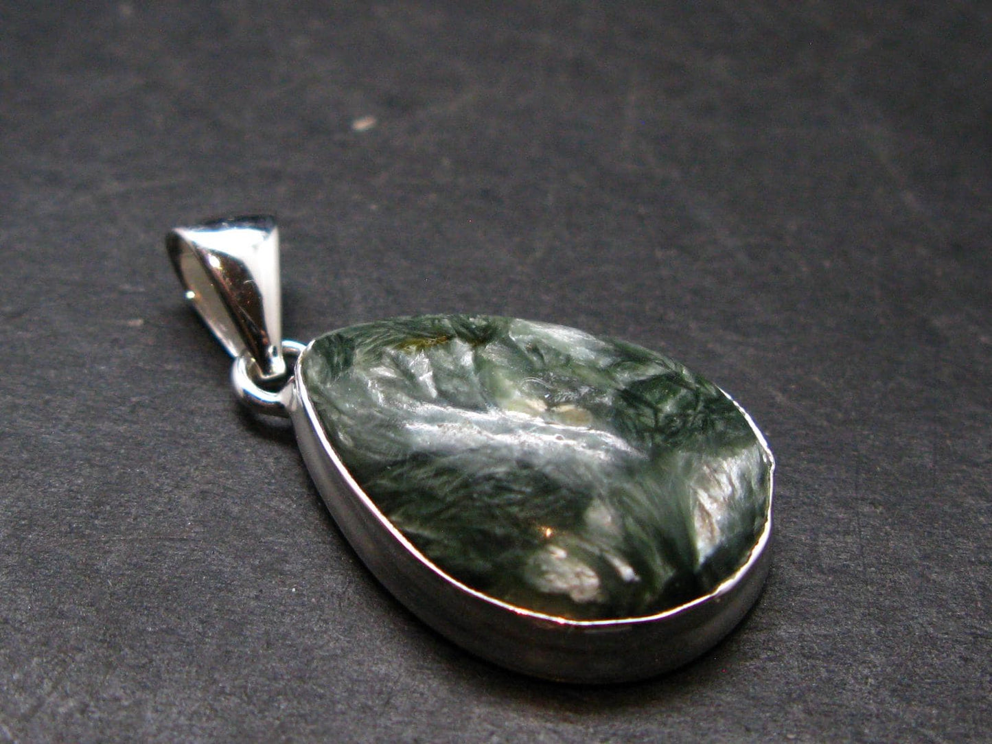 Nice Polished Seraphinite Clinochlore Stalactite Silver Plated Pendant From Russia - 1.3" - 5.05 Grams