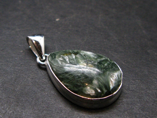 Nice Polished Seraphinite Clinochlore Stalactite Silver Plated Pendant From Russia - 1.3" - 5.05 Grams