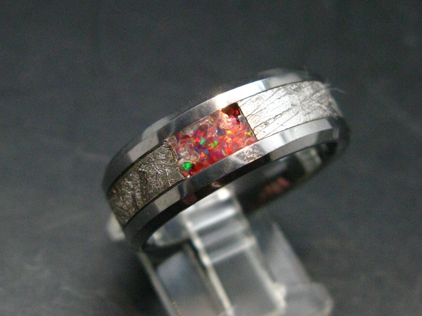 Muonionalusta Meteorite & Opal Steel Ring - 12.65 Grams - Size 10