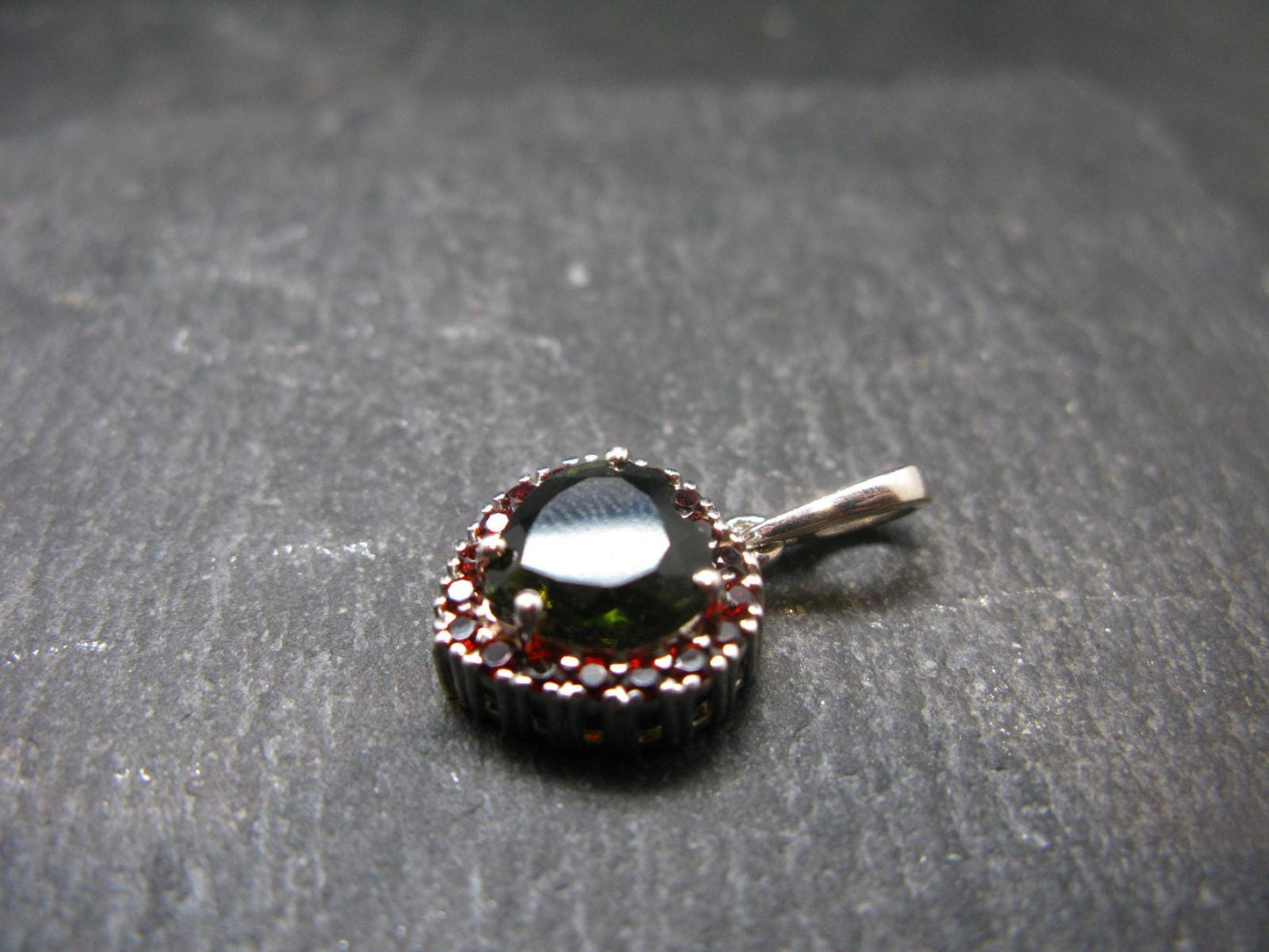 Moldavite Tektite & Red Garnet Silver Pendant from Czech Republic - 0.9"