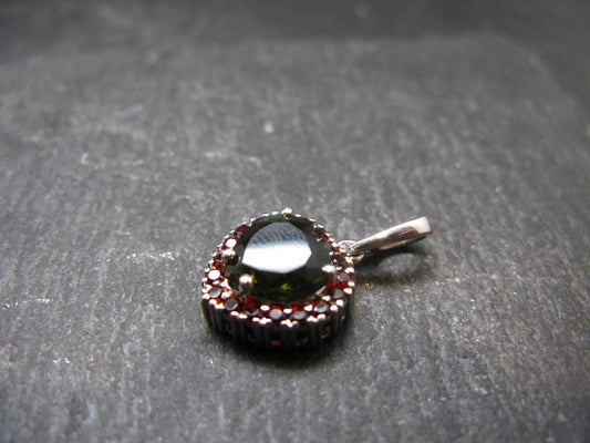 Moldavite Tektite & Red Garnet Silver Pendant from Czech Republic - 0.9"