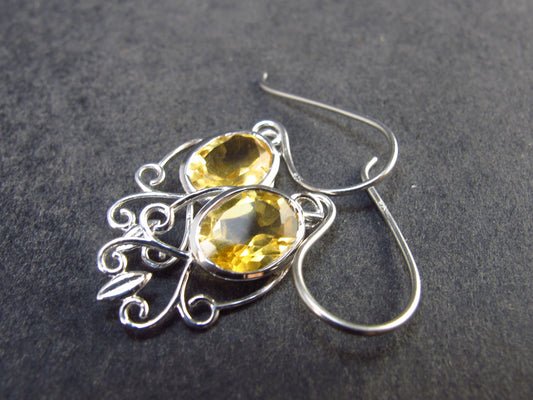 Stone of Success!! Oval Faceted Natural Golden Yellow Citrine 925 Sterling Silver Drop Earrings - 1.1" - 1.77 Grams