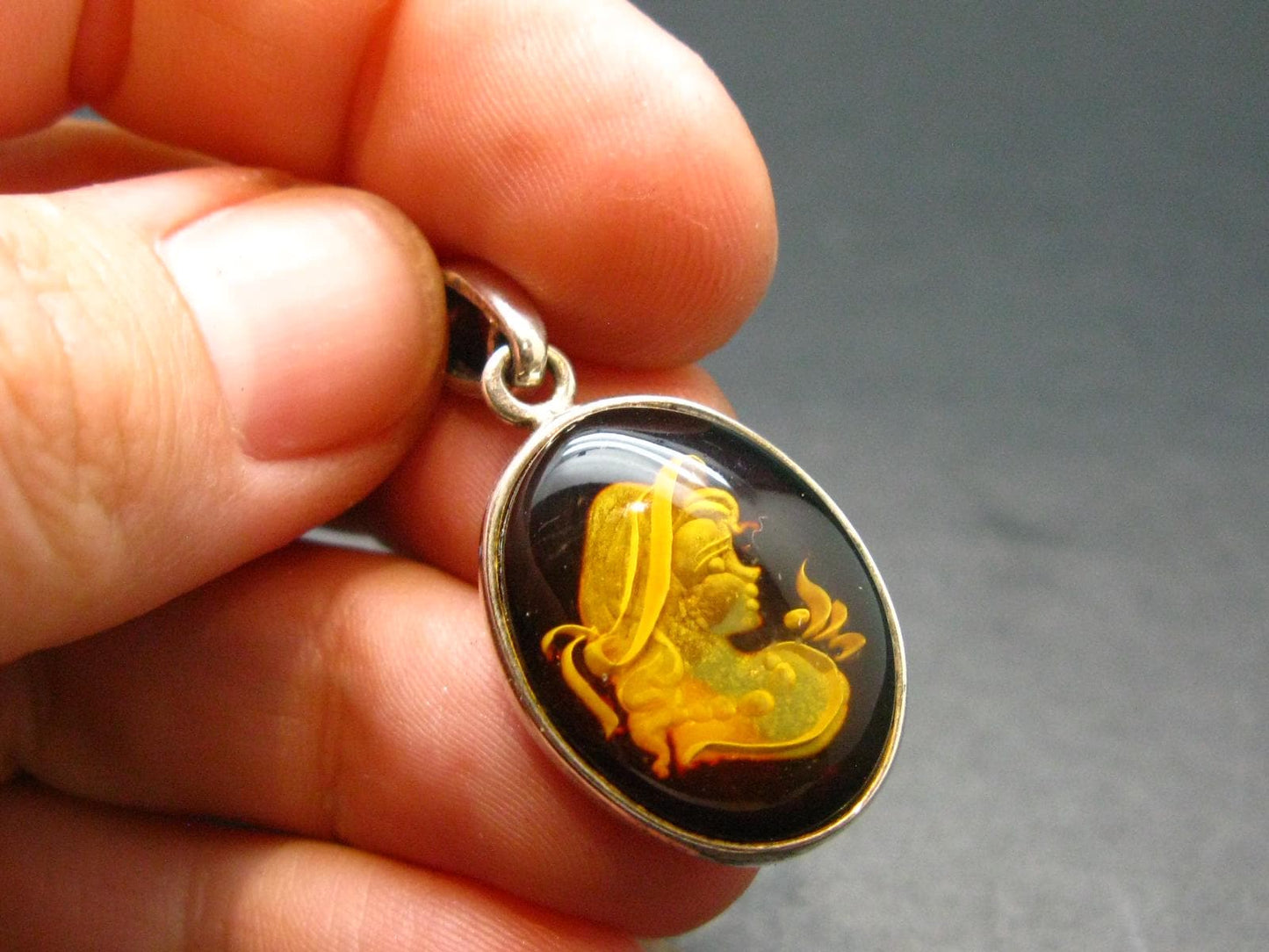 Hand Carved Baltic Amber 925 Silver Cameo Woman Lady Flower Pendant - 1.3"