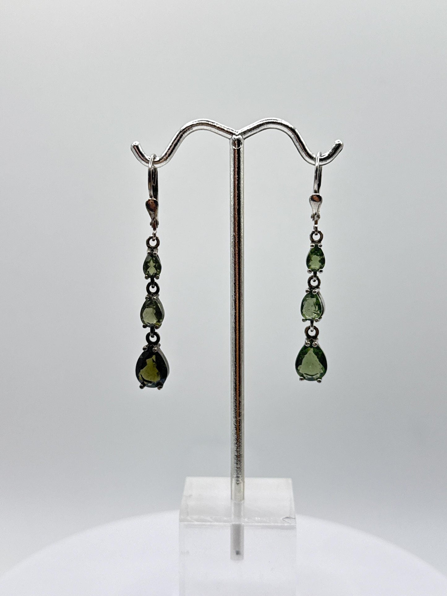 Faceted Moldavite Sterling Silver Drop Earrings - Weight 3.93 Grams