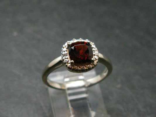 Red Garnet Rhodium Plated Sterling Silver Ring with CZ - Size 7 - 2.49 Grams