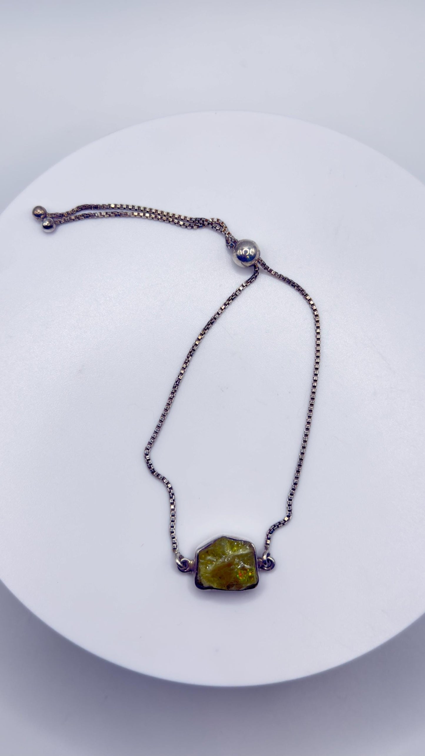 Raw Chrysoberyl Adjustable Bracelet Yellow Green Gemstone Silver Crystal Bracelet