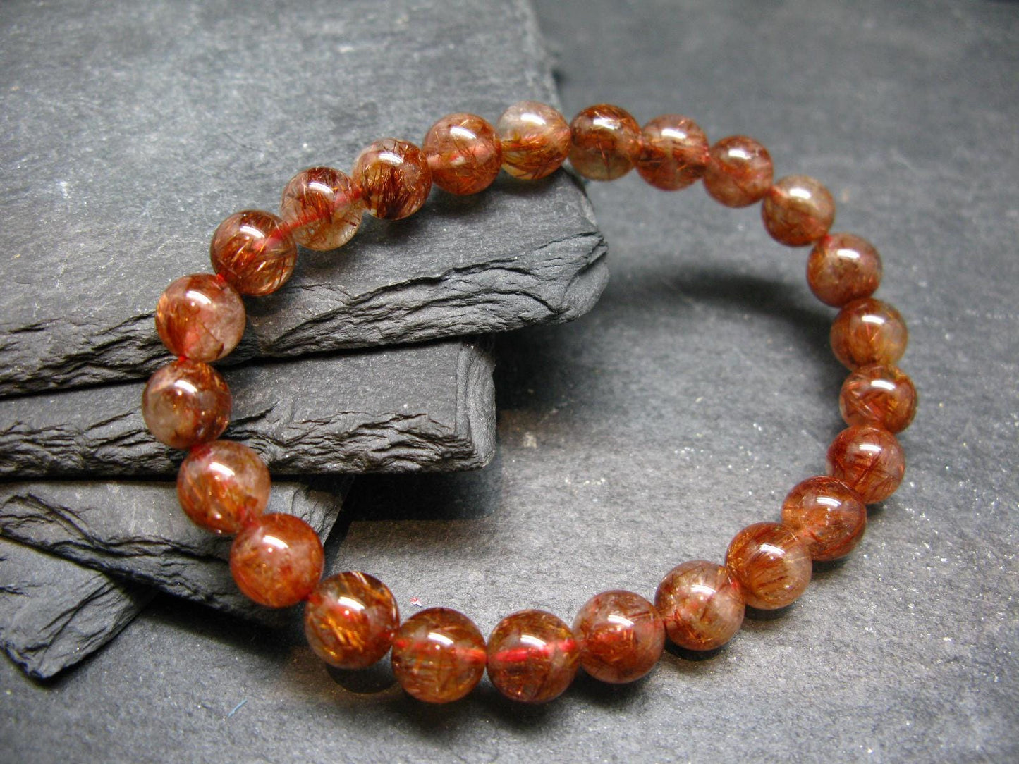 Red Rutilated Quartz Genuine Bracelet ~ 7 Inches ~ 8mm Round Beads
