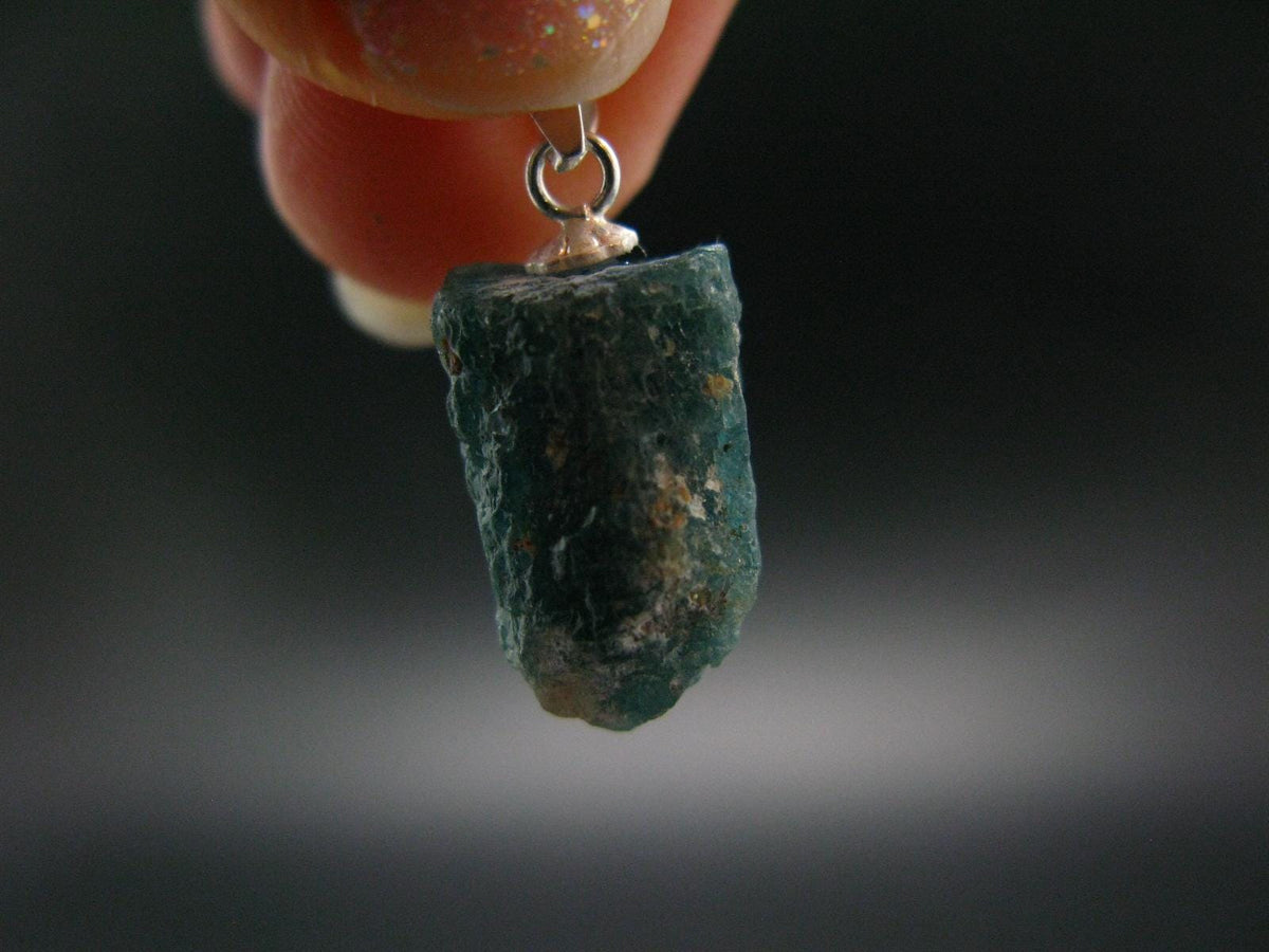 Unpolished Terminated Neon Blue Apatite Silver Pendant From Brazil - 0.9" - 2.47 Grams