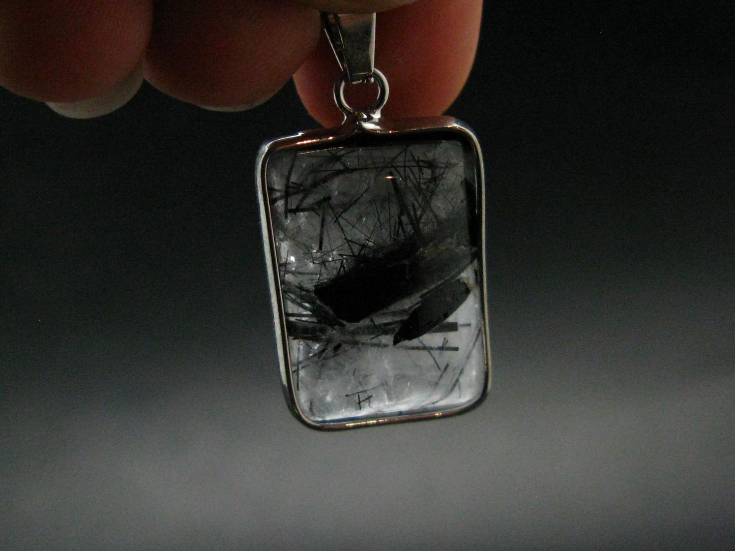 Large Tourmalinated Quartz Crystal Silver Plated Pendant From Brazil - 1.4" - 5.88 Grams