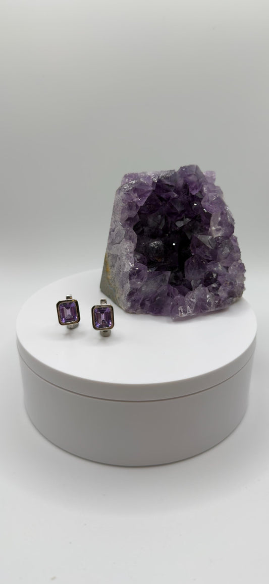 Minimalist Emerald-Cut Amethyst Earrings – Sterling Silver - Weight 4.45 Grams