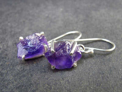 Raw Rich Purple Amethyst Dangle Earrings In Sterling Silver from Brazil - 1.1" - 3.23 Grams