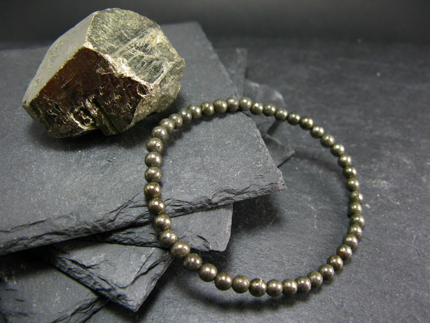 Pyrite Genuine Bracelet ~ 7 Inches ~ 4mm Round Beads