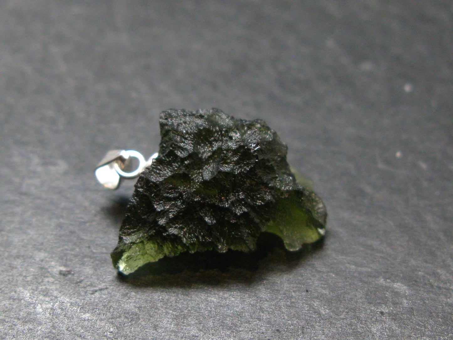 Gem Moldavite Tektite SS Pendant From Czech Republic - 0.9" - 2.38 Grams