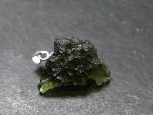 Gem Moldavite Tektite SS Pendant From Czech Republic - 0.9" - 2.38 Grams