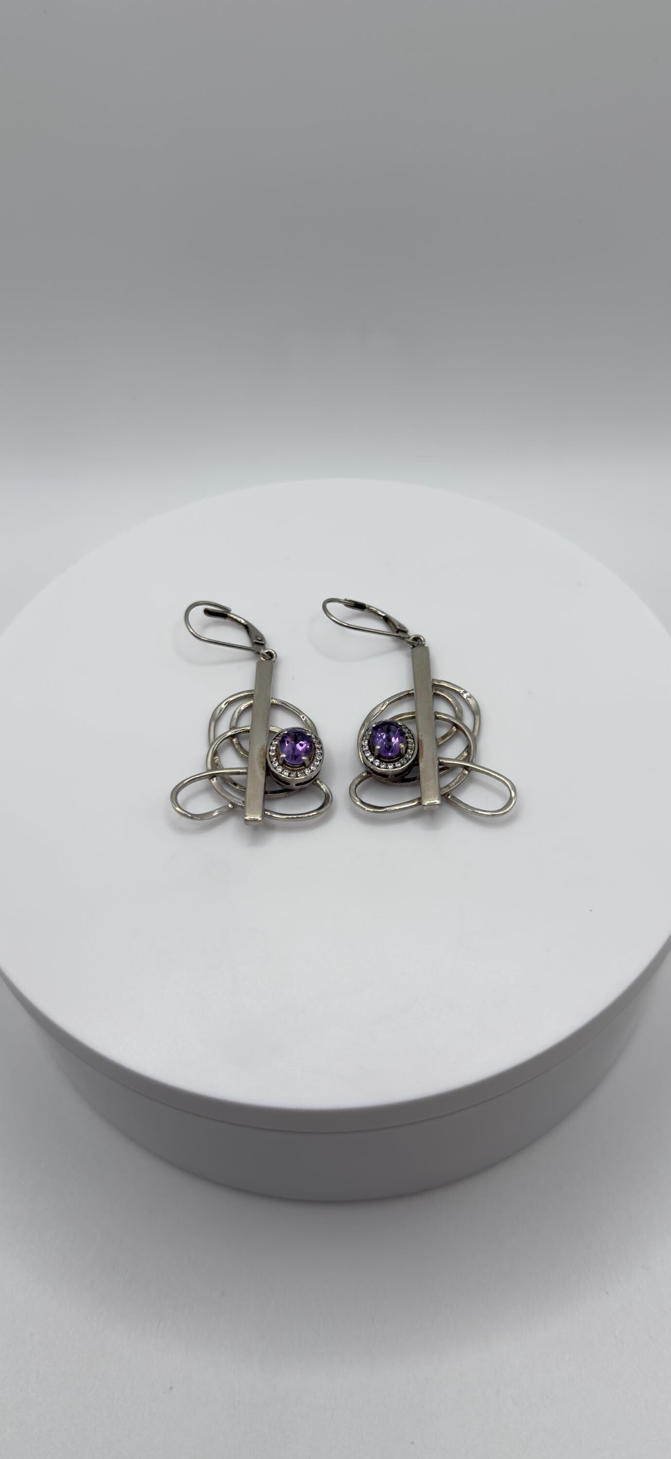 Amethyst Modern Earrings – Artistic Design – Sterling Silver with Gold Tone - Weight 9.42 Grams