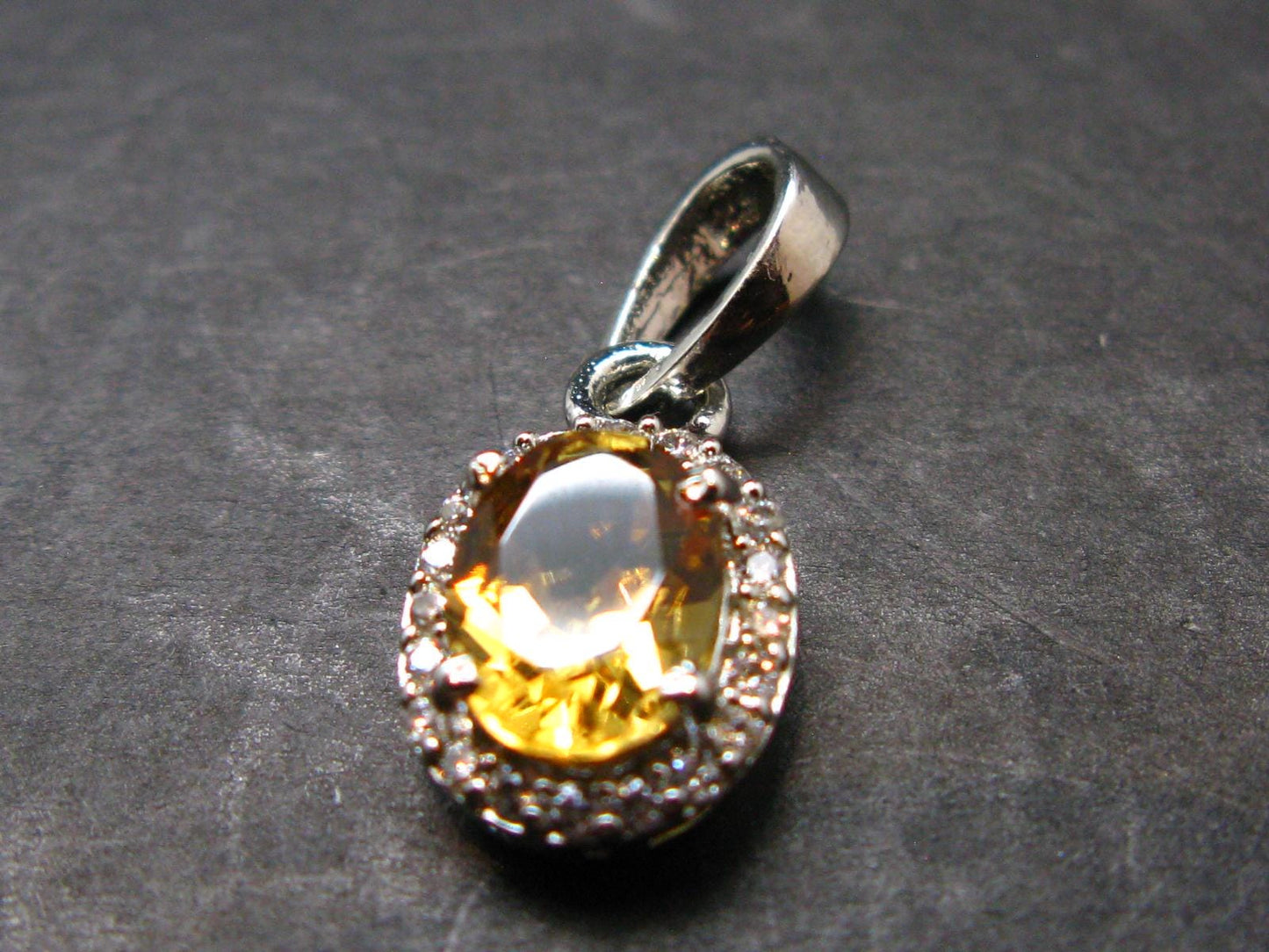 Yellow Citrine Gem Facetted Sterling Silver Pendant From Brazil With CZ - 0.7" - 1.40 Grams
