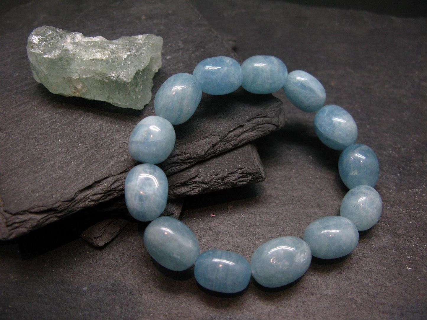 Aquamarine Genuine Bracelet ~ 7 Inches ~ 16mm Polished Beads