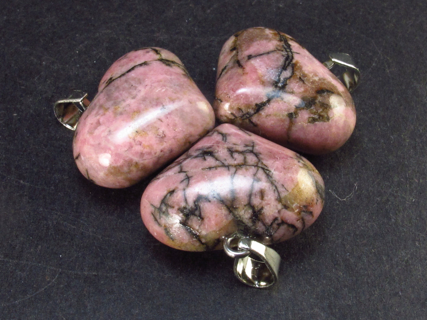 Lot of 3 Natural Rhodonite Puffed Heart Pendants from Canada