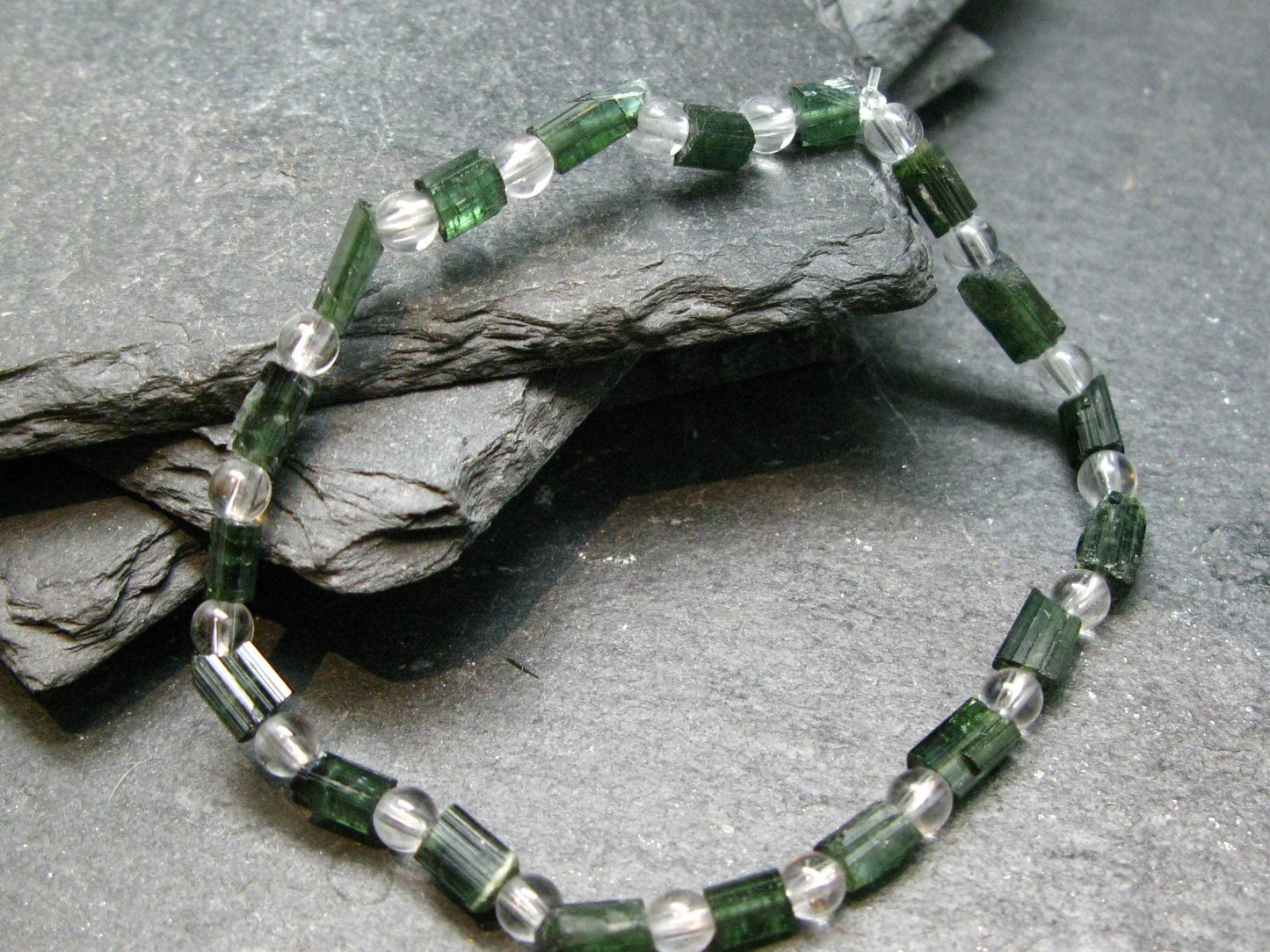Green Tourmaline & Quartz Genuine Bracelet ~ 7 Inches ~ 5mm Crystal Beads