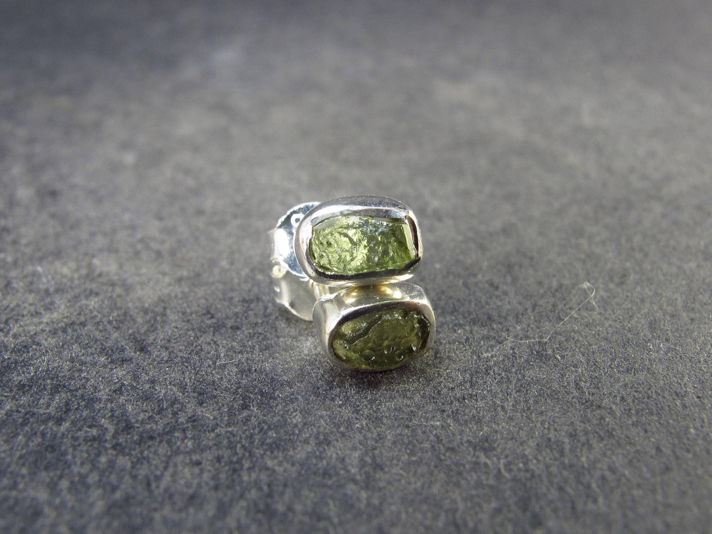 Natural Moldavite Tektite Raw Stud Earrings In Sterling Silver From Czech Republic