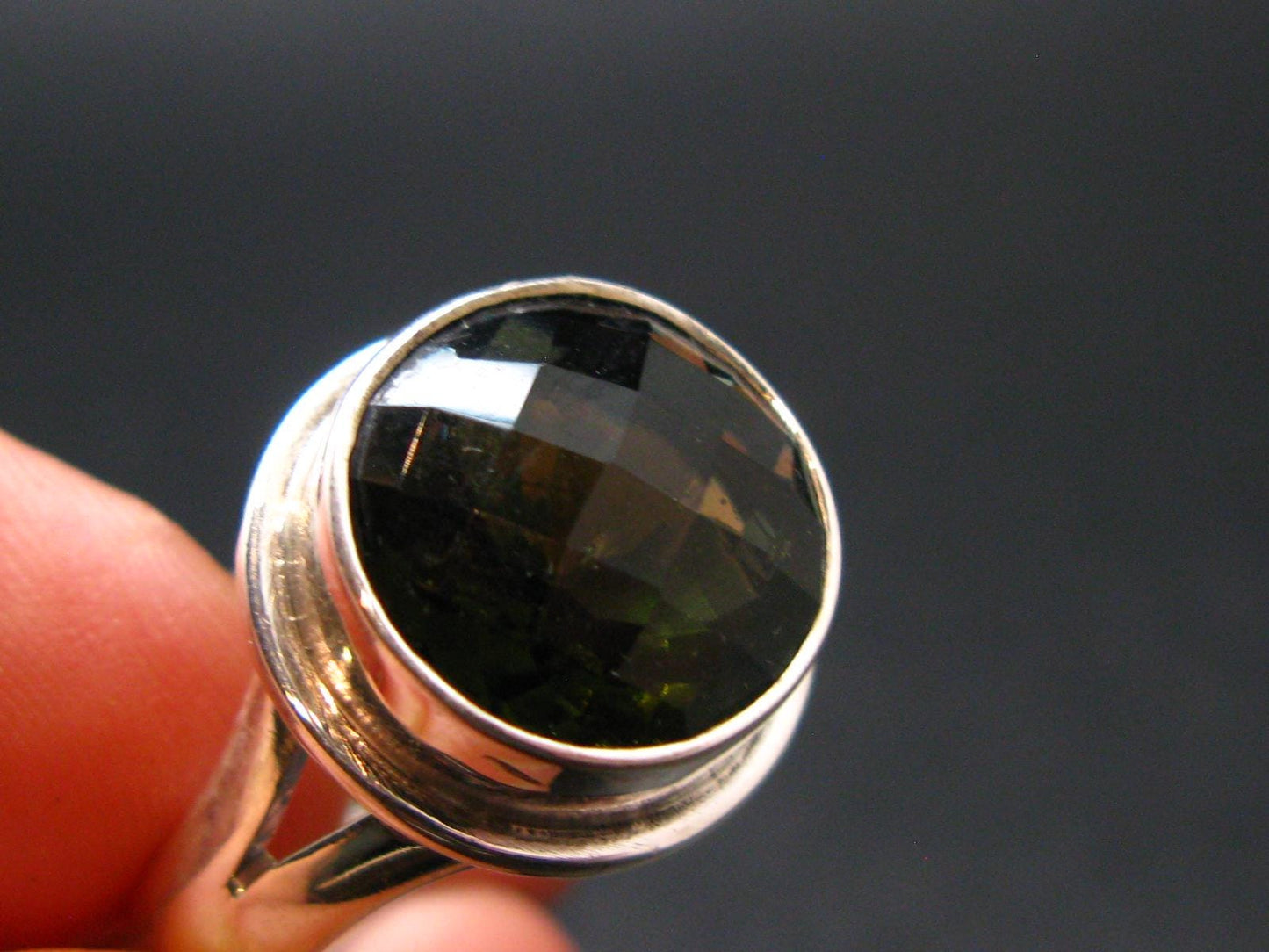 Moldavite Tektite Facetted Silver Ring from Czech Republic - Size 9.75 - 8.68 Grams