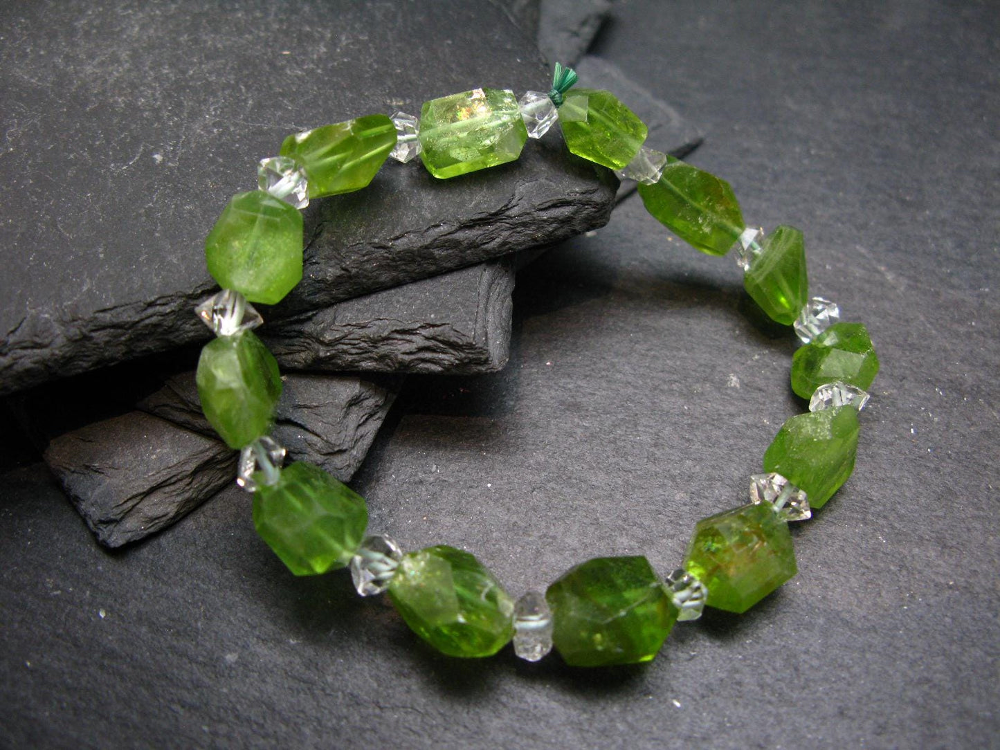 Peridot & Herkimer Diamond Genuine Bracelet ~ 7 Inches ~ Facetted Beads