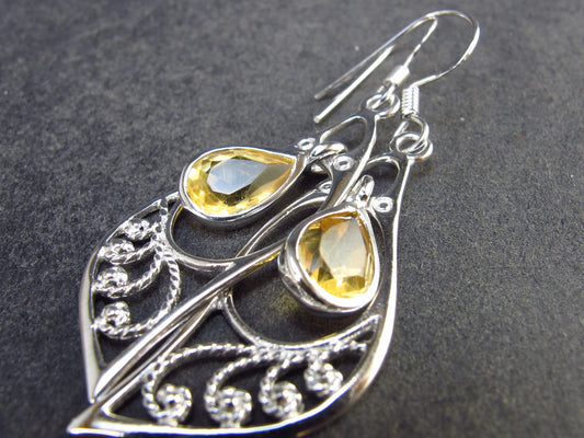Stone of Success!! Faceted Natural Golden Yellow Citrine 925 Sterling Silver Drop Earrings - 1.9" - 3.72 Grams