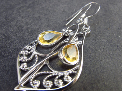 Stone of Success!! Faceted Natural Golden Yellow Citrine 925 Sterling Silver Drop Earrings - 1.9" - 3.72 Grams