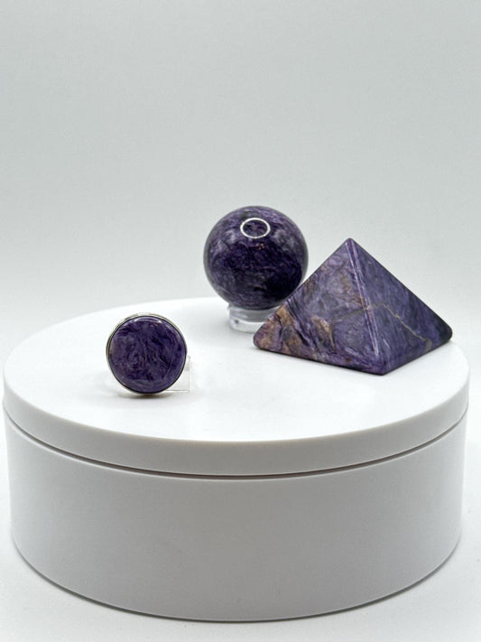 Beautifully Round Charoite & Sterling Silver Ring - Size 6.5