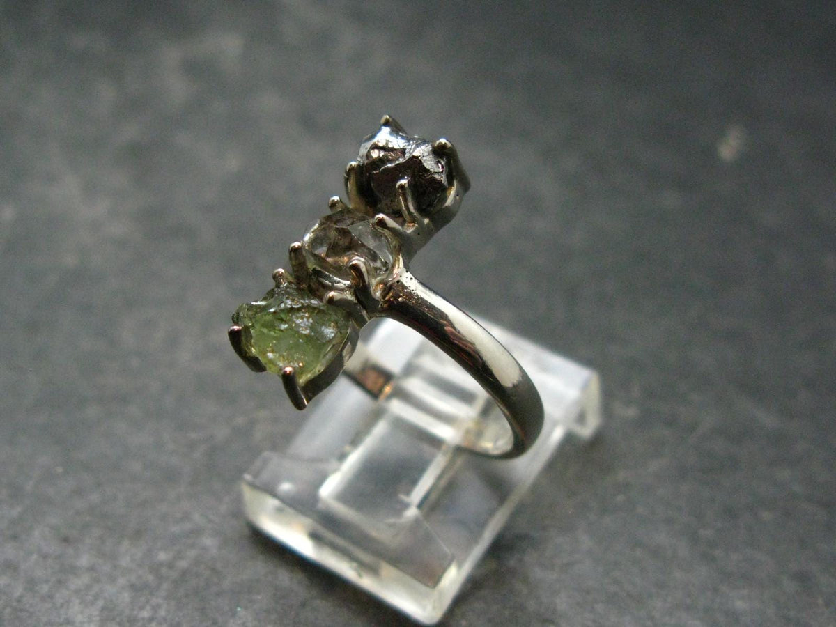 Moldavite Herkimer Meteorite Sterling Silver Ring From Czech Republic - Size 7 - 3.08 Grams