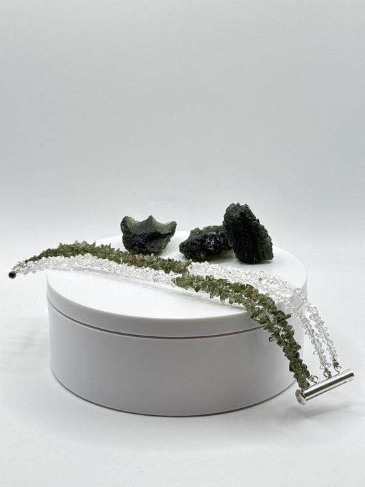 Moldavite & Herkimer Diamond Bracelet – Triple Strand - 17.73 Grams