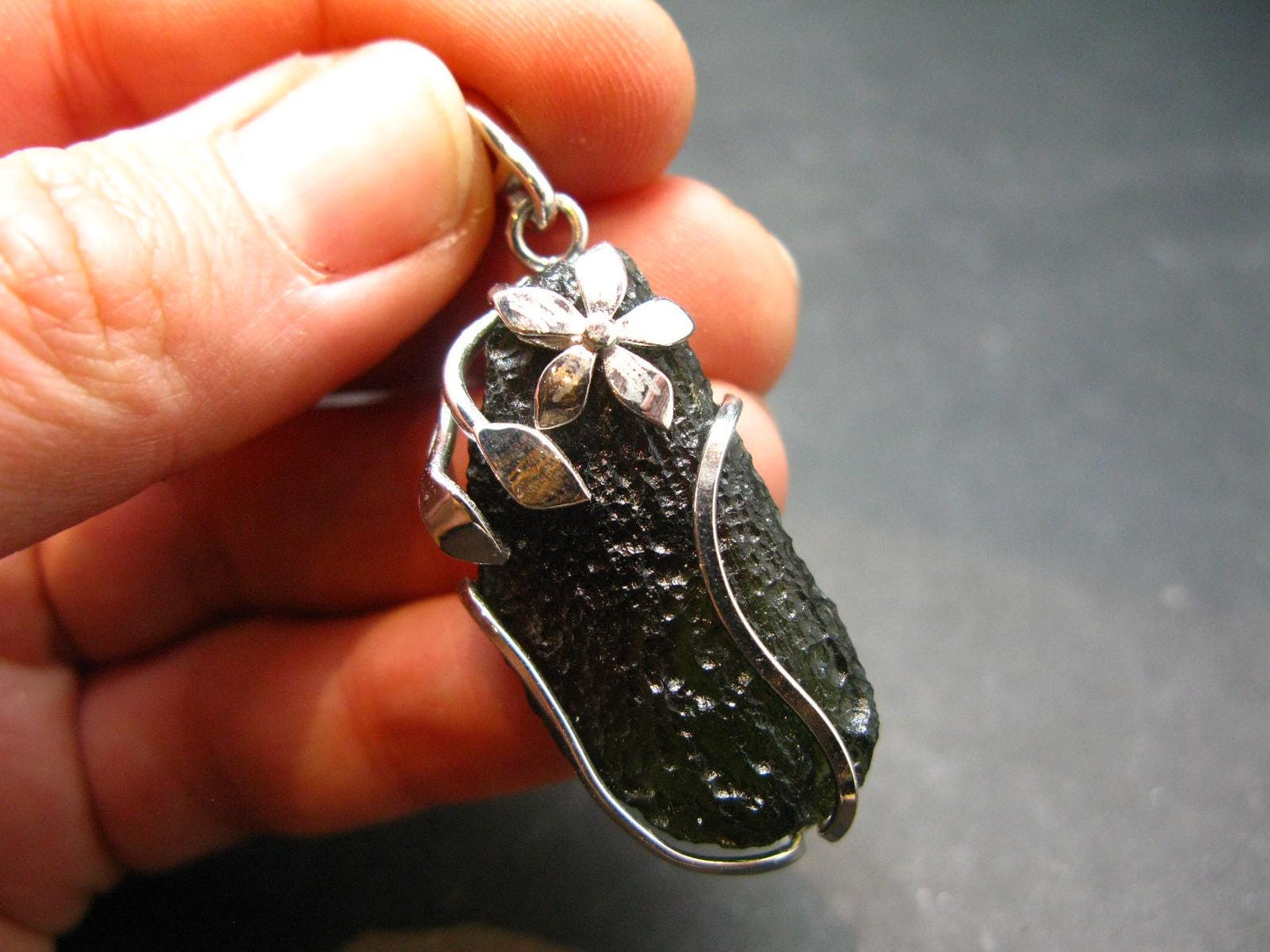 Large Gem Moldavite Tektite SS Pendant From Czech Republic - 8.25 Grams - 1.8"