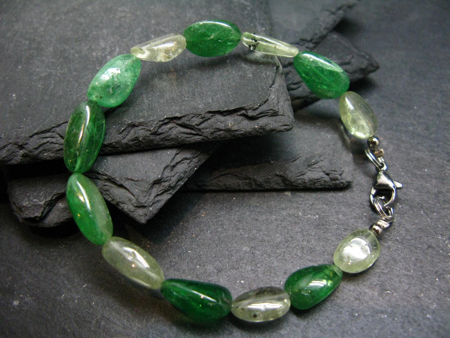Green Garnet Tsavorite Genuine Bracelet ~ 7 Inches ~ 12mm Tumbled Beads